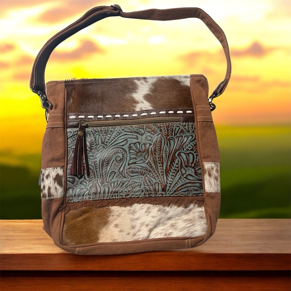 Myra Bag Brown and Turquoise with Cowhide Canvas Leather Shoulder Bag NWT